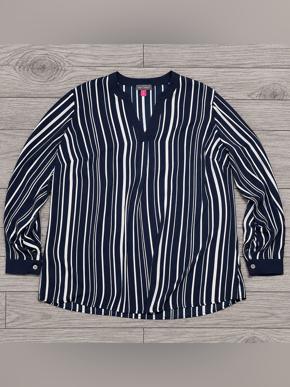 Vince Camuto Navy Blue Ivory Striped Split Neck Tunic Blouse Plus Size 1X